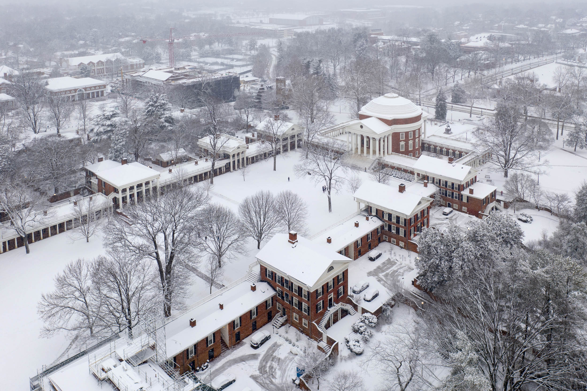 Arial view of the Rotunda and Lawn covered in snow