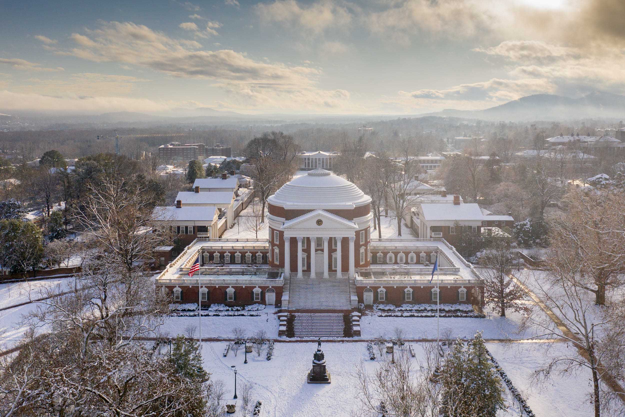 Arial view of the Rotunda covered in snow