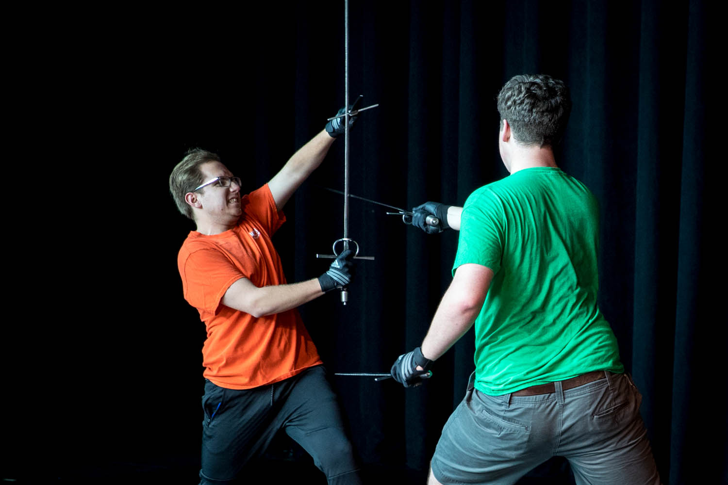 Daniel Kinsley, left, and Wes Orton staging a fight scene 