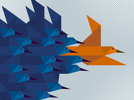 Illustration of a Group of birds flying.  All birds are blue except the very first bird leading the flock is orange.
