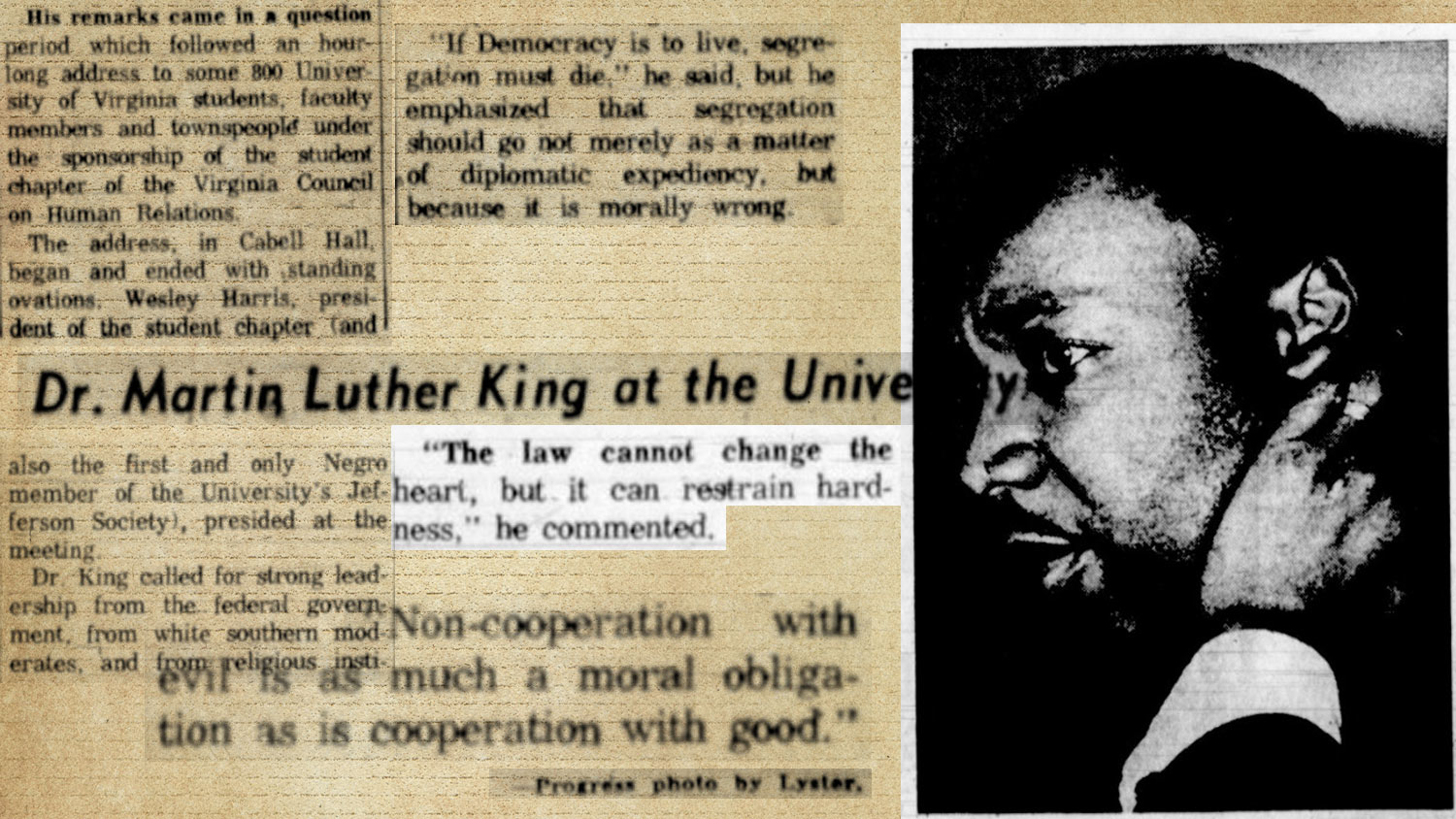 Newspaper clipping of Martin Luther King speaking at UVA. 