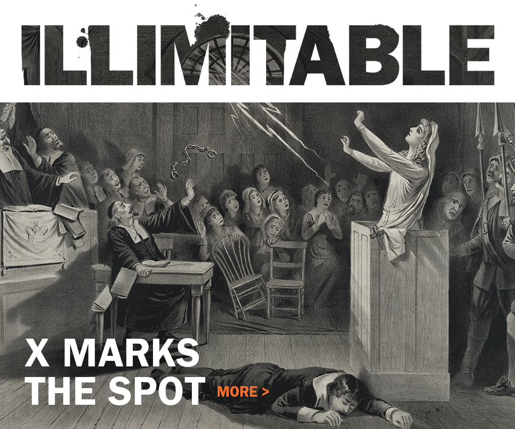 Woman in a court testifying as lightening strikes her.  Text reads: Illimitable x marks the spot