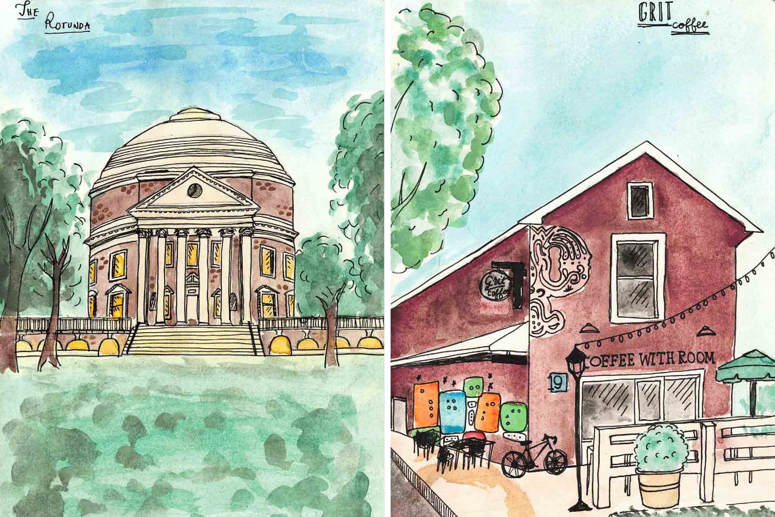 Left: Drawing of the Rotunda Right: Drawing of a coffee house 