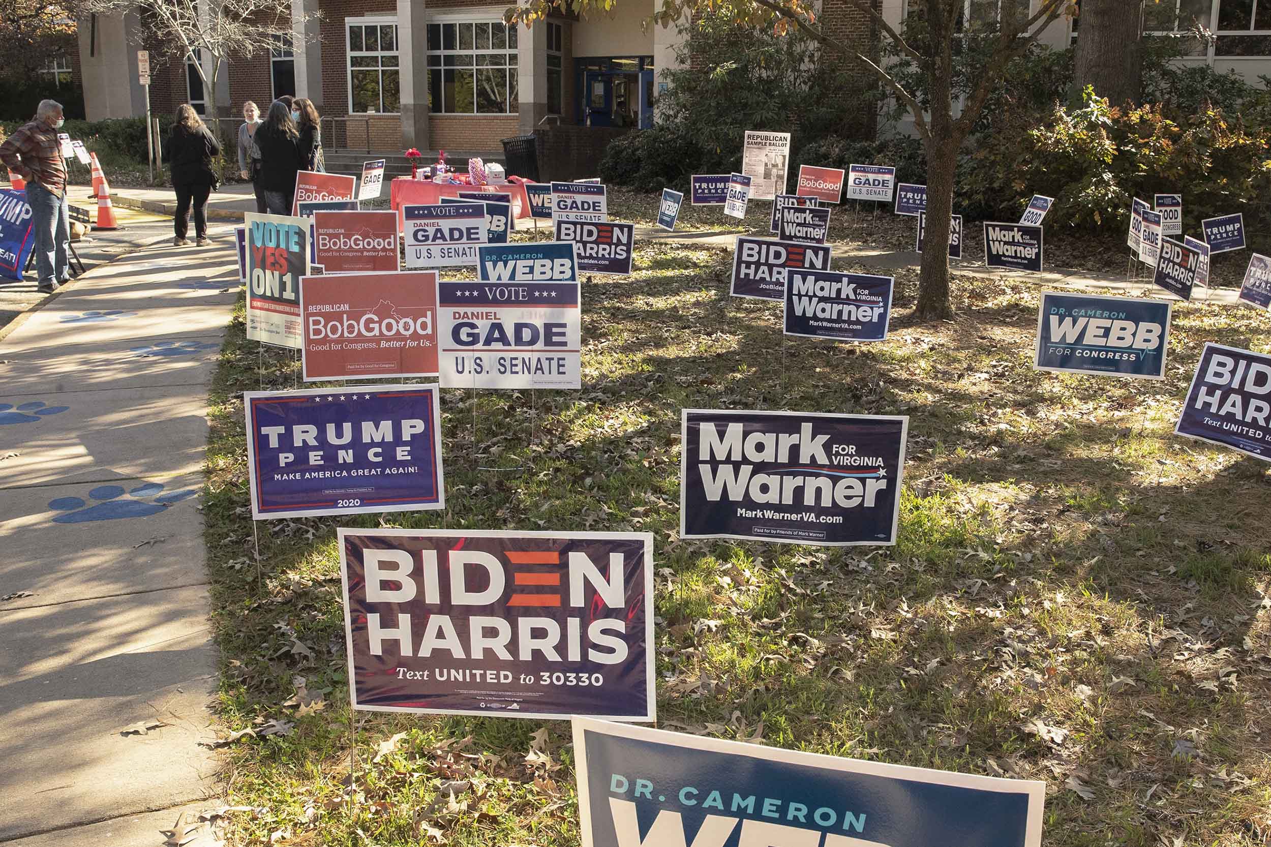 Candidate yard signs in front of a polling station