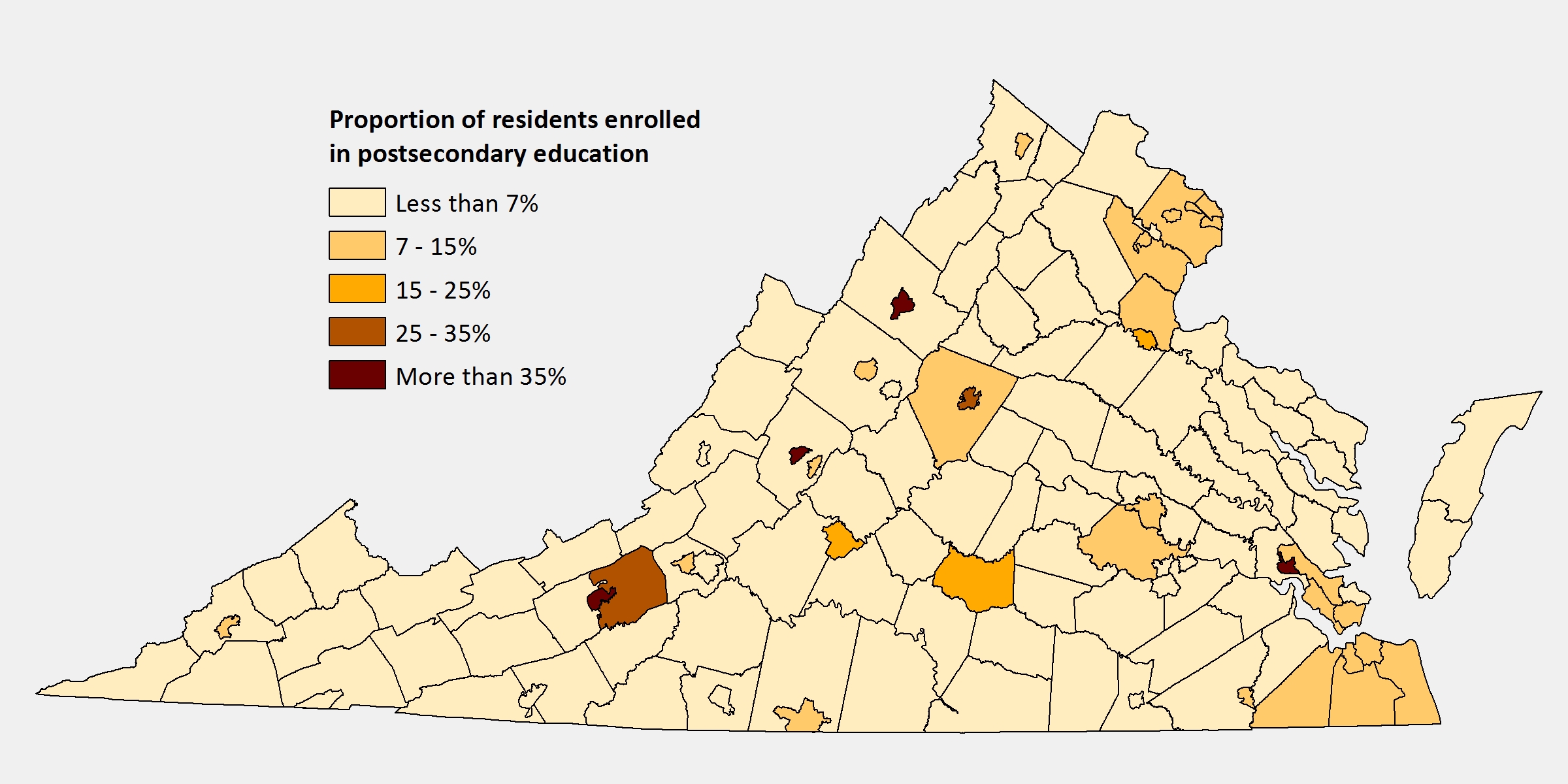 The above map shows the percentage of residents enrolled in postsecondary education by locality.