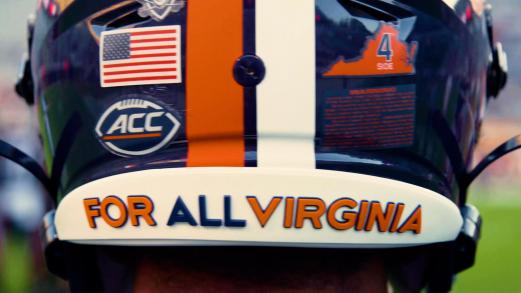 Back of UVA Football Helmet reads For All Virginia