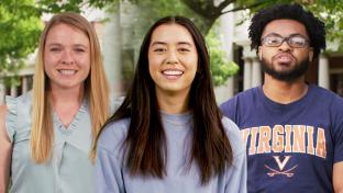 Portraits of three graduating students on the Lawn