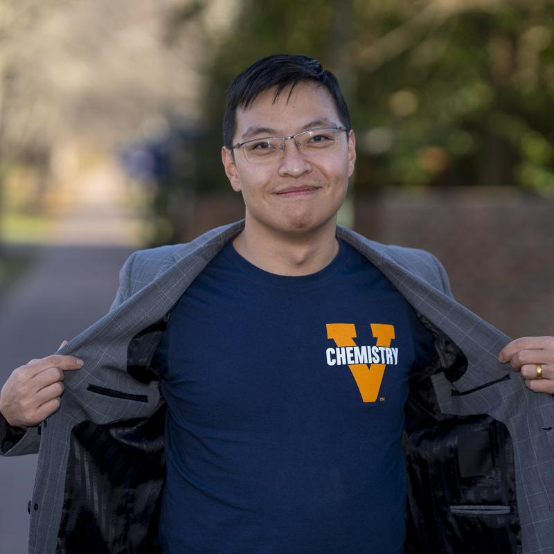 Chang Liu showing off his UVA Chemistry shirt