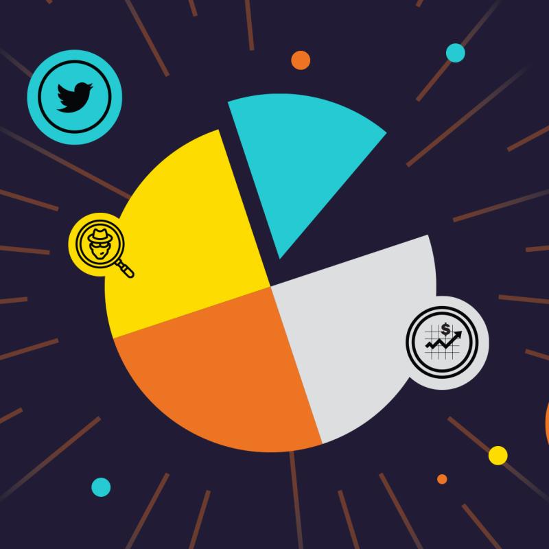Illustration of a multicolored circle  random small circles around it and icon in circles, twitter, magnifying glass with a detective, basketball, and a line graph with a money sign