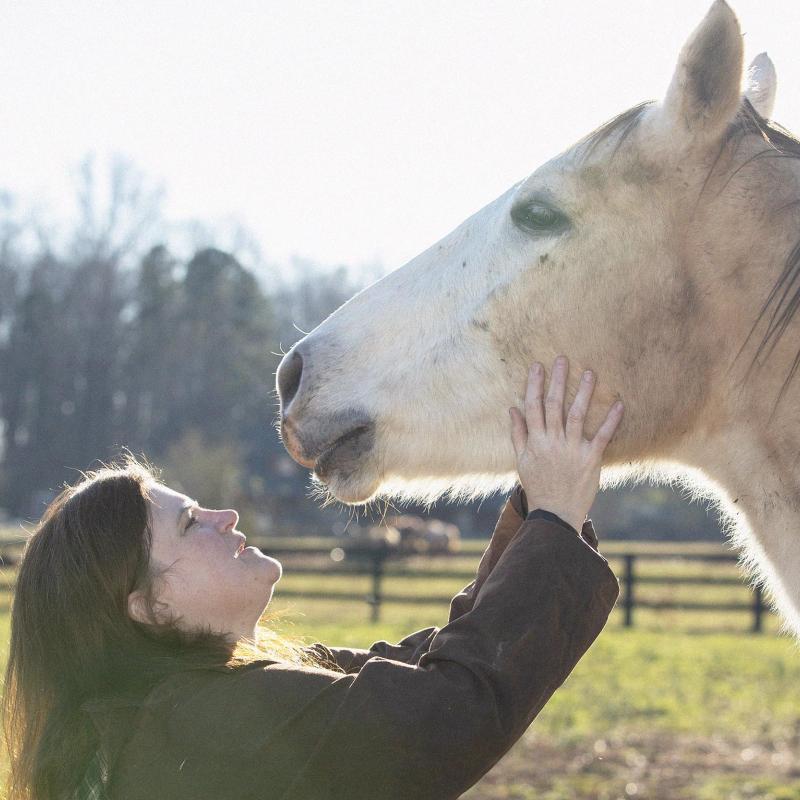 Sarah Osborn Barwick rubbing white horses, Lane's, face