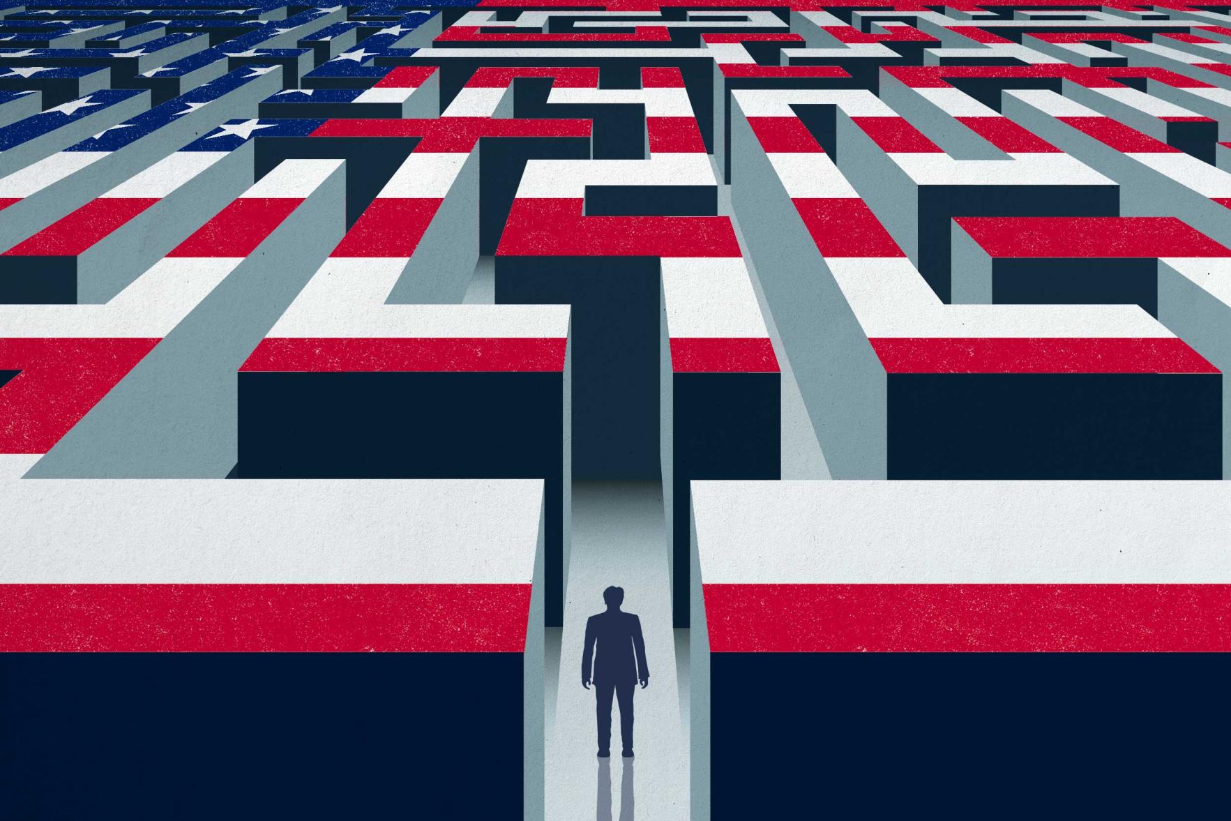 Portrait illustration of a man standing at the entrance of a maze with walls painted in red, blue, and white.