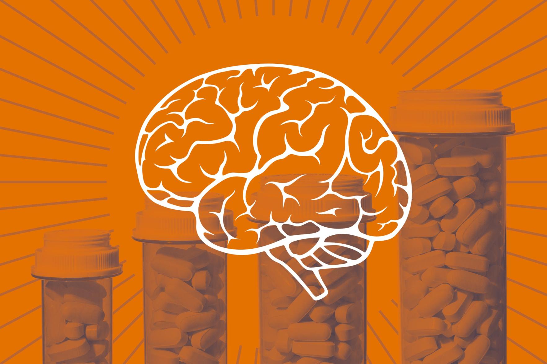 Illustration of a brain over a series of pill bottles