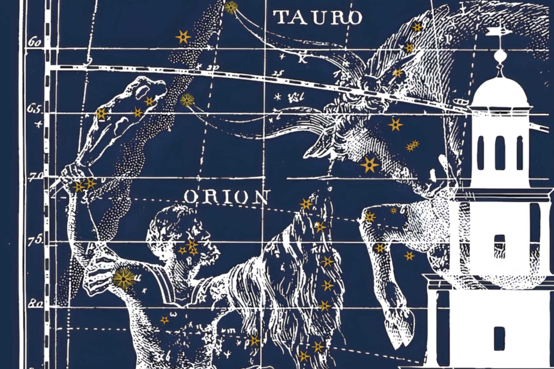 illustration of McCormick Observatory tower over a drawn map of the constellations 