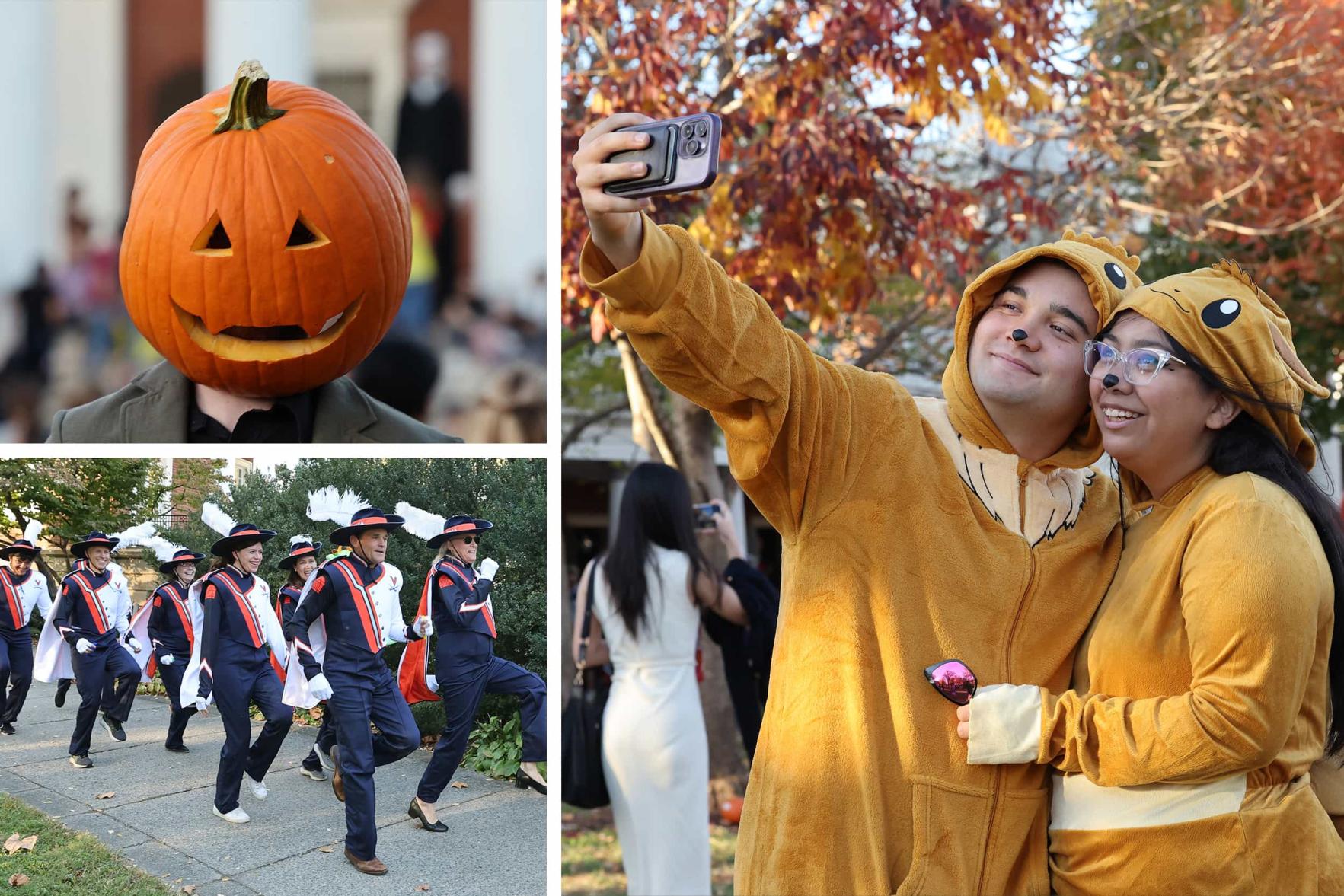 A collage of three images; a pumpkin head, President Ryan dressed up as the UVA marching band, and a couple in matching costumes