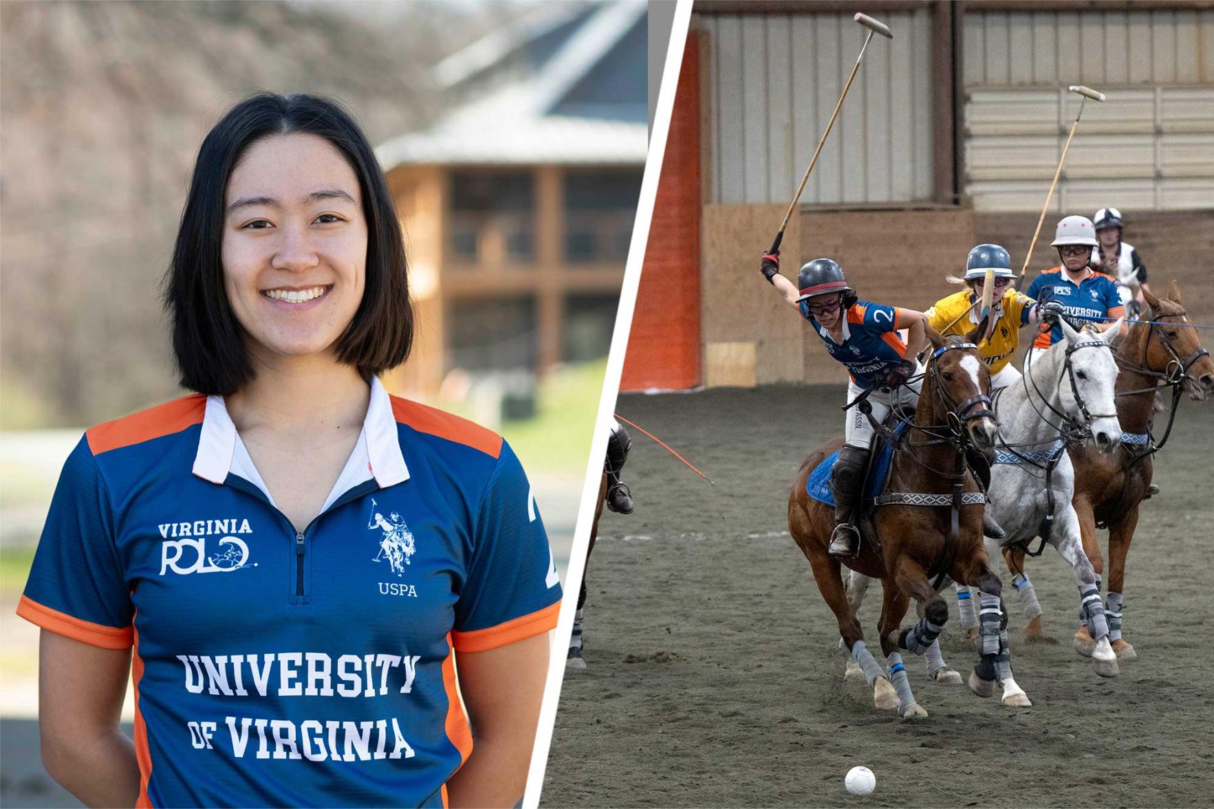 Left, a portrait of Lea Jih-Vieira, Right, Lea on horseback about to hit a polo ball