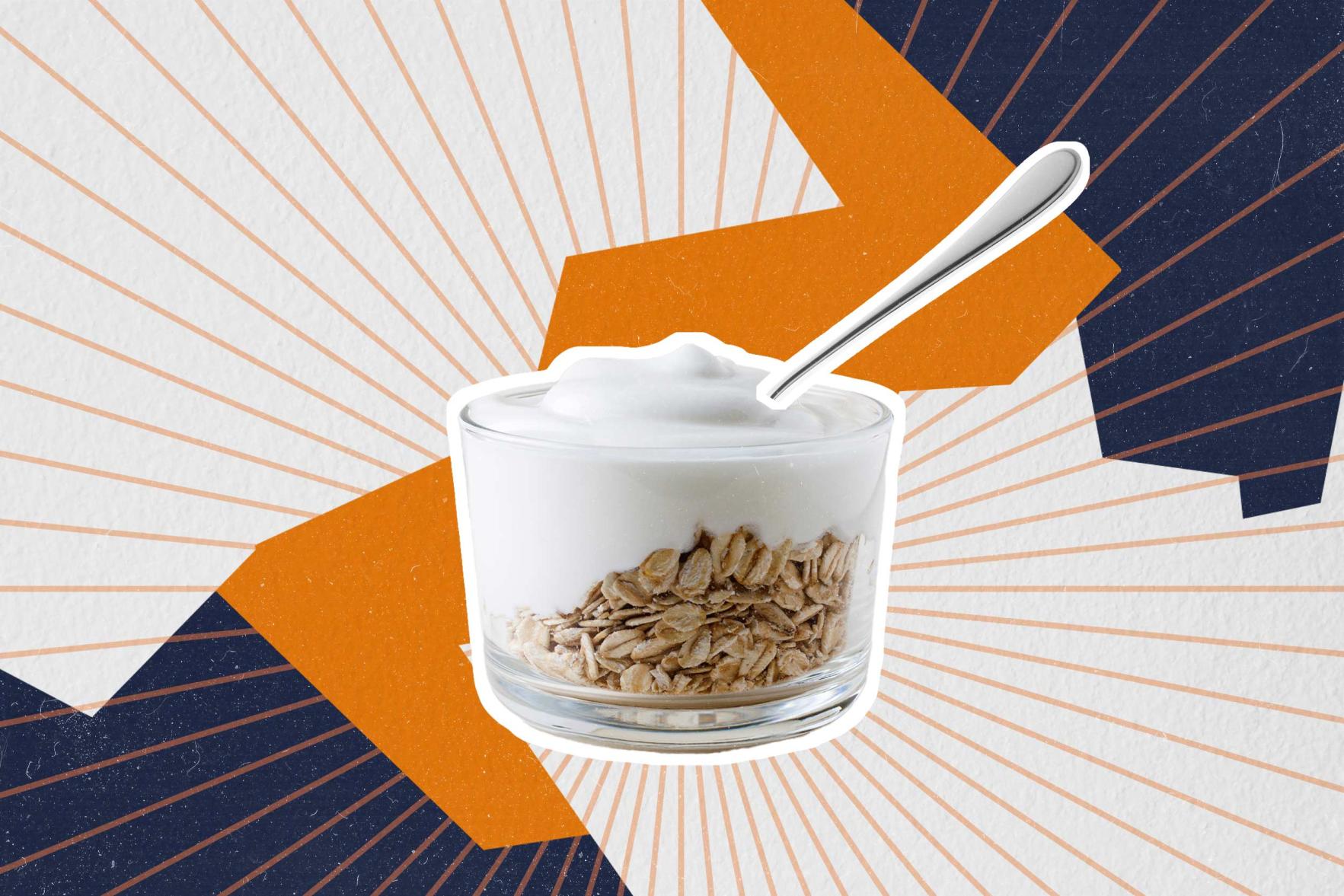A cup of granola and yogurt on a fragmented background of orange, tan, and blue 