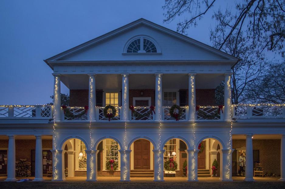 The Lawn building light up with Holiday lights and wreaths