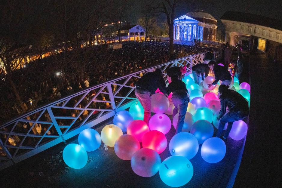 View of the Rotunda and multicolored light up Balls  on the Lawn buildings