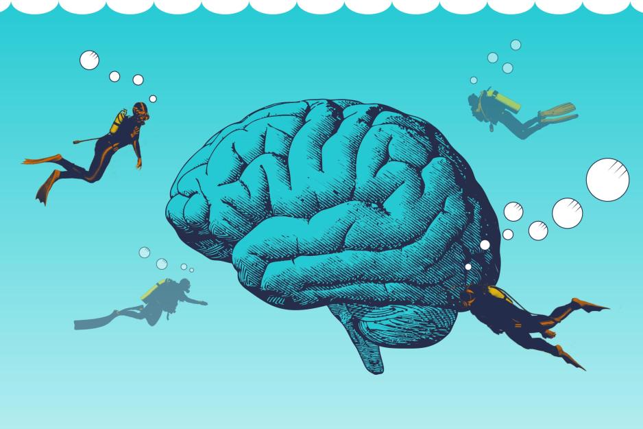 illustration of a brain with scuba divers swimming around it