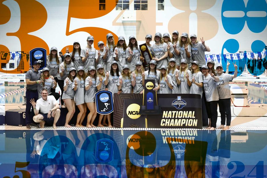 Group photo of the UVA women’s swimming and diving team with their trophies at the 2025 NCAA tournament