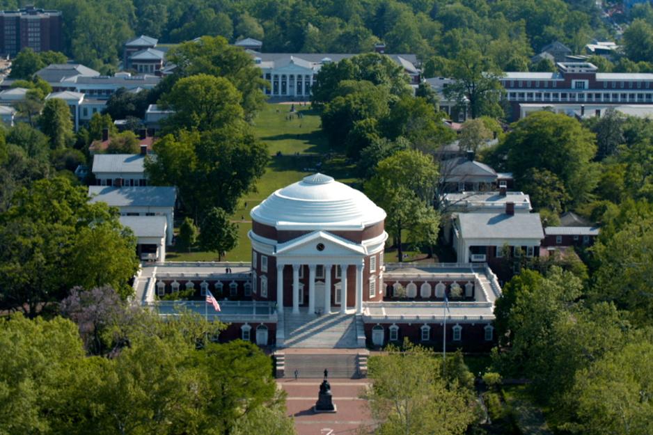 Aerial view of the Rotunda, lawn and Old Cabell hall
