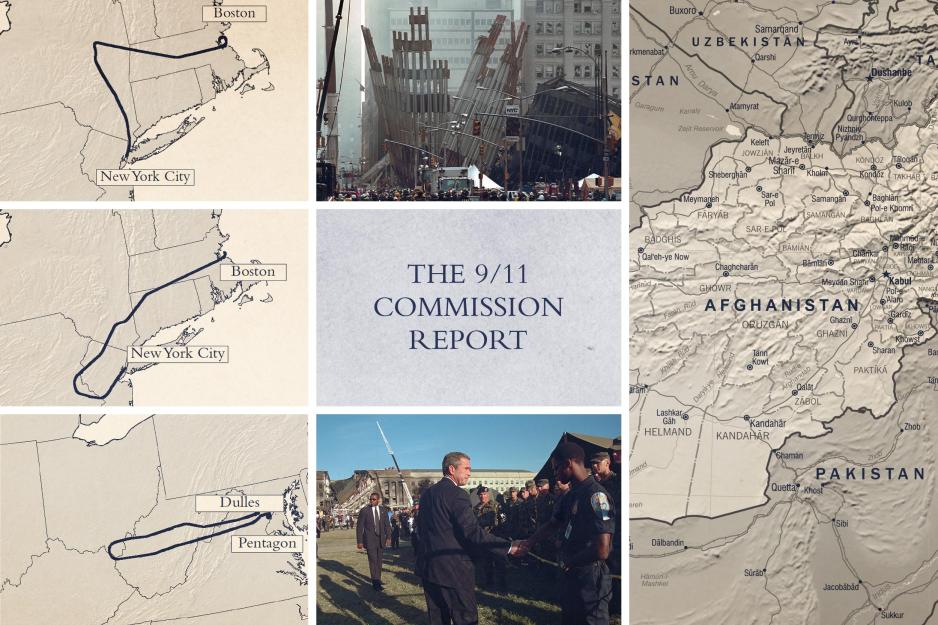 Collage of images from 9/11. These include plane routes, destruction, and map of Afghanistan
