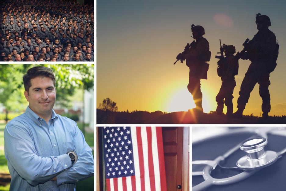 Top left: group of service men sit in chairs bottom: left bottom: Joe cooper stands for headshot with arms crossed.  Top right: silhouettes of soldiers in full gear bottom middle: American Flag hanging from doorway Bottom right: stethoscope