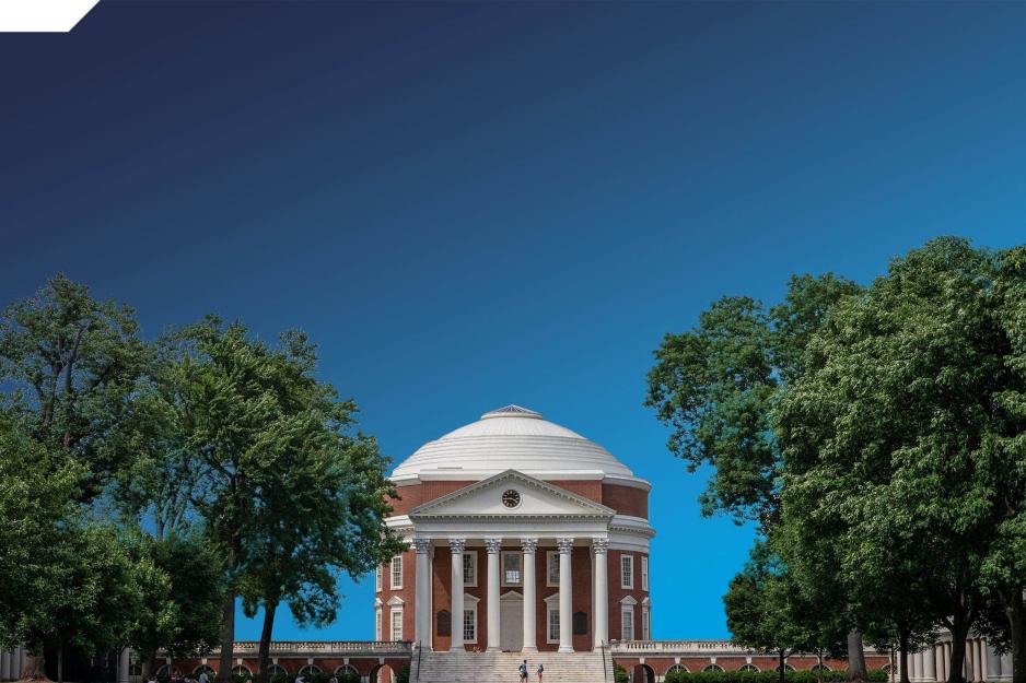 A photo of the Rotunda from the Lawn side in summer overlaying a gradient blue blackground