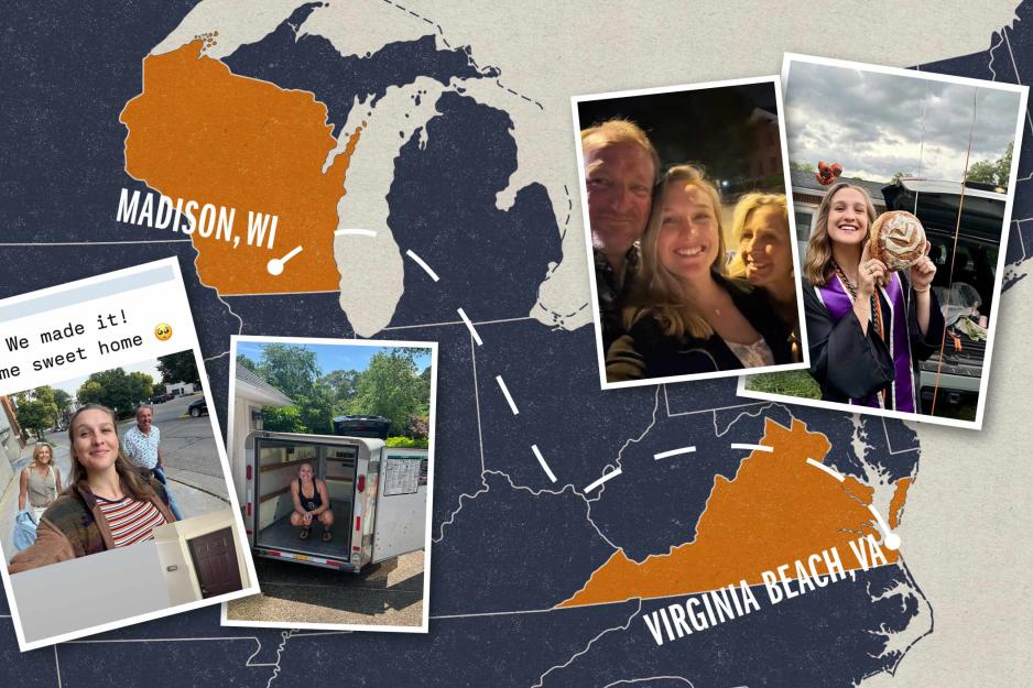 Photos of Brynn Earl overlaying a map showing her journey from Virginia Beach to Madison, Wisconsin