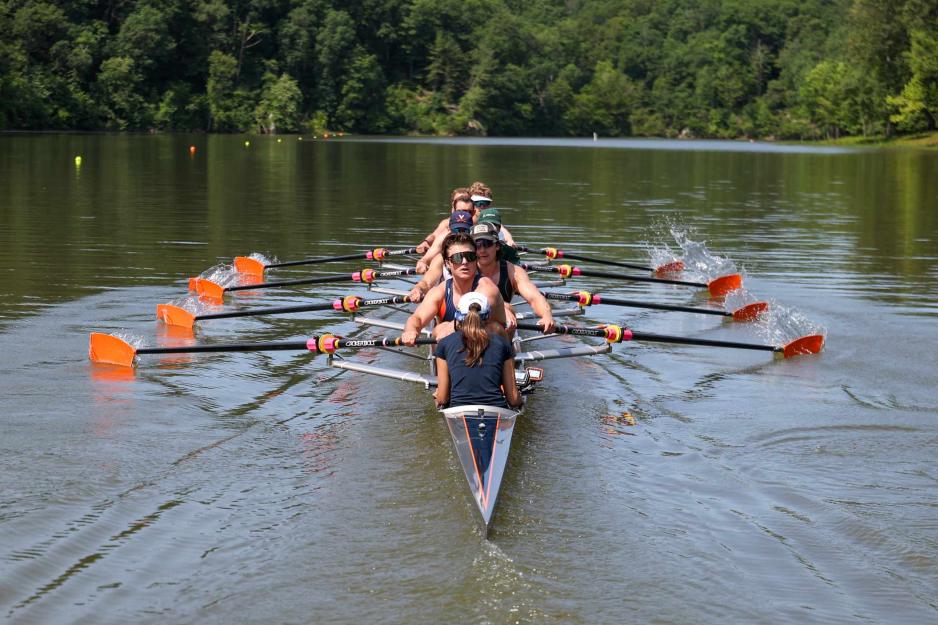 The UVA club rowing team on the Rivanna Reservoir