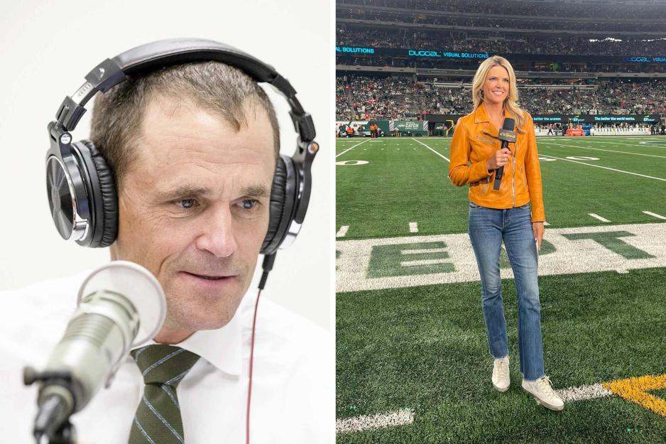President Jim Ryan at a microphone, left, Melissa Stark on a football field, right