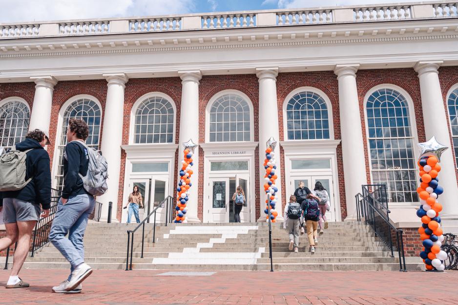 Portrait of the front entrance of UVA's Shannon Library.