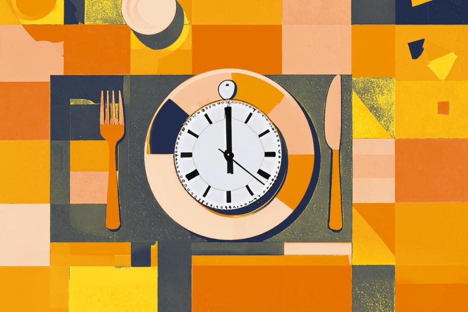 Illustration of a clock on the dinner plate of a place setting