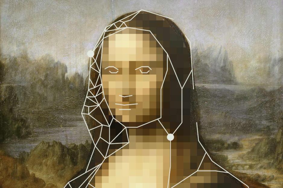 illustration of a 3-D modeling wire mesh drawn over a pixelated image of Leonardo DaVinci's painting ‘the Mona Lisa’
