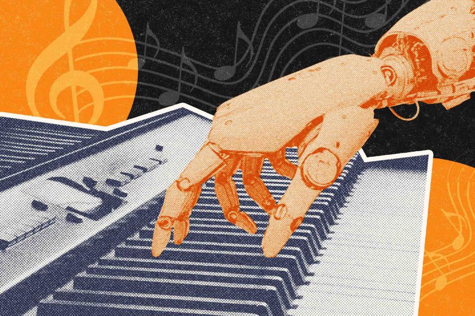illustration of a robotic hand playing the keys on a piano with a music staff in the background.