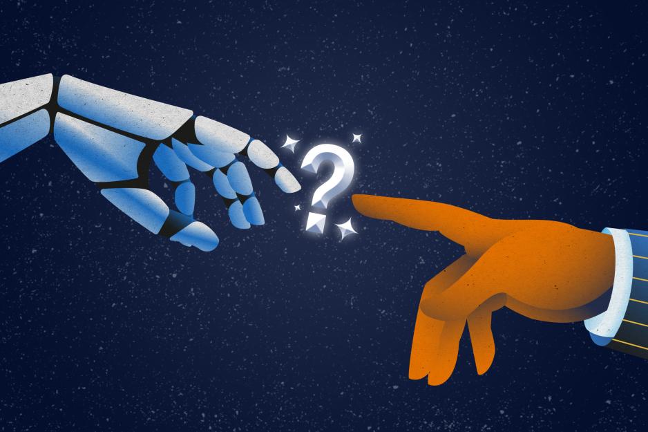 Illustration of a robotic hand and a human hand, trying to touch each other's index fingers, with a question mark shown between them.