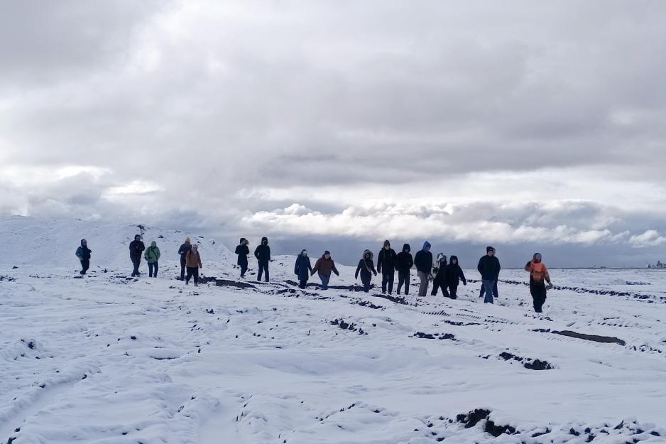 Portrait of people walking on a snow.