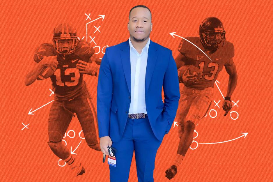 illustration of Chase Minnifield's photograph in the foreground and images of UVA football players with football play diagrams over them.