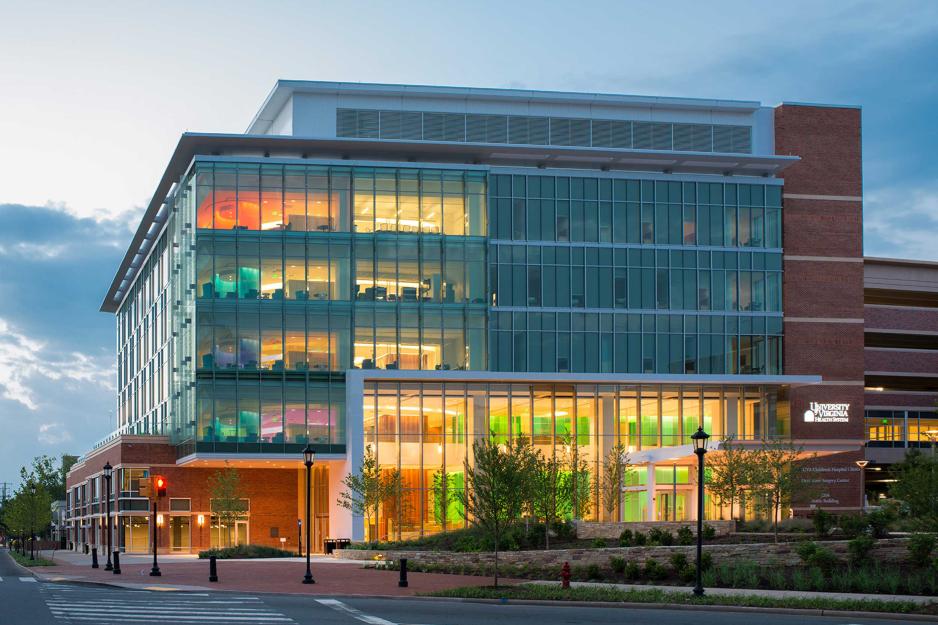 Portrait of UVA Health Children’s Hospital at dusk.