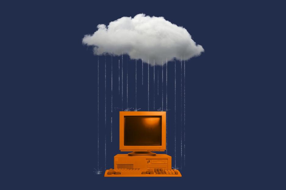 illustration of an orange desktop computer under a rain cloud over a blue background 