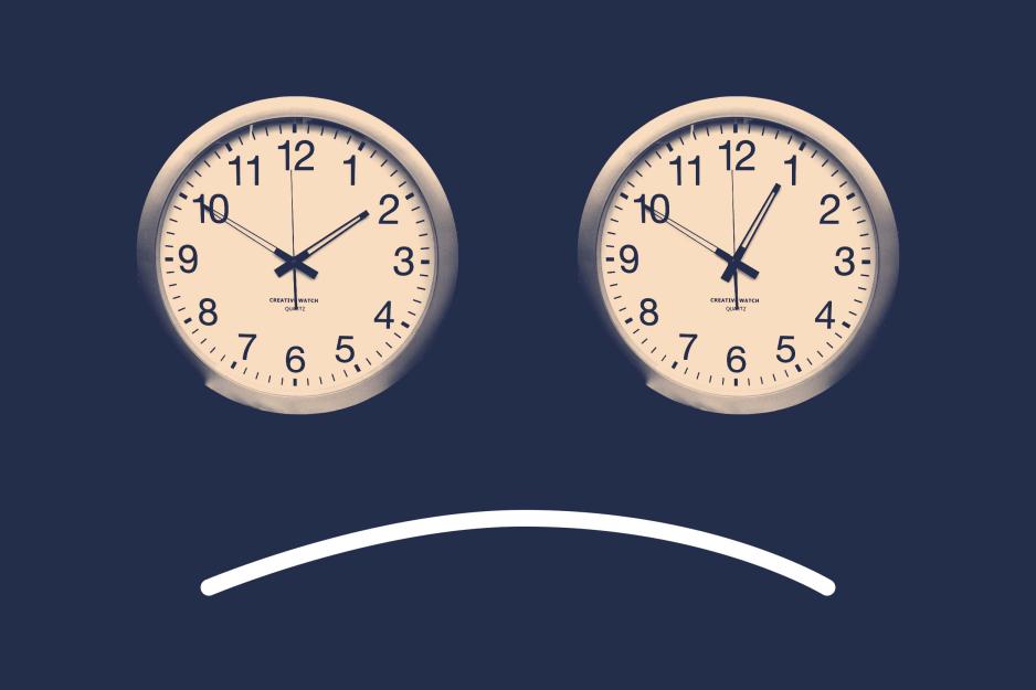 Illustration of two identical table clocks showing different times, making it look like the eyes of a sad face.