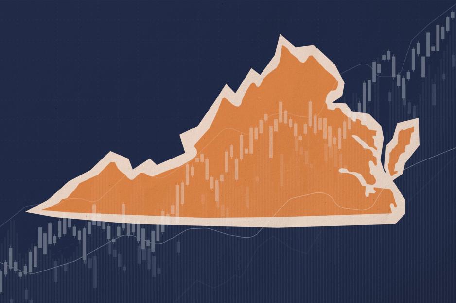 Illustration of the state of Virginia with a jagged line graph going up from left to right