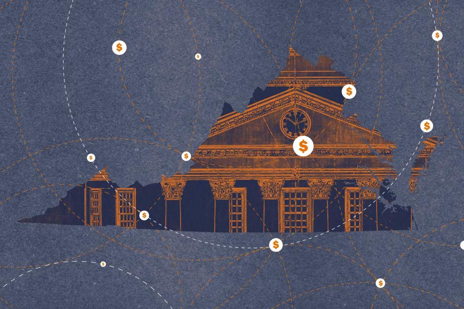 Circles with dollar signs overlaying an illustration of the outline of Virginia overlaying the Rotunda 