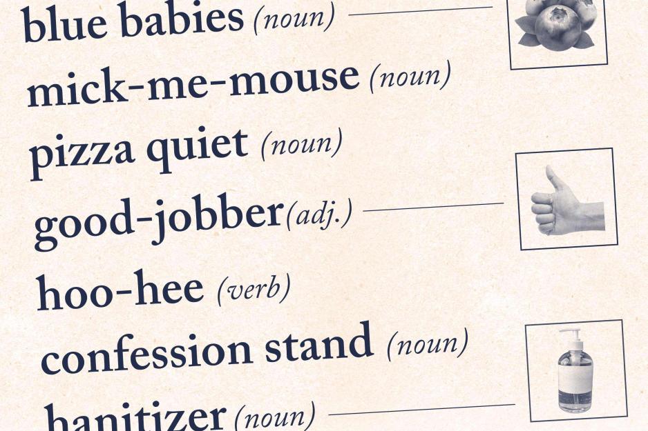 illustration of several made-up words beside their part of speech and some iconography for the terms.