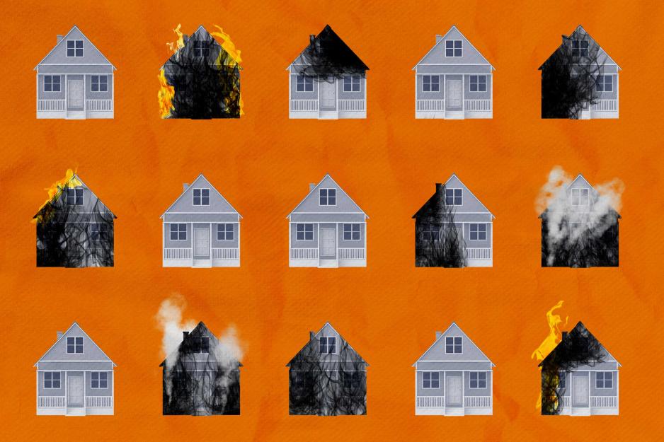 An illustration of houses, including a burning house.