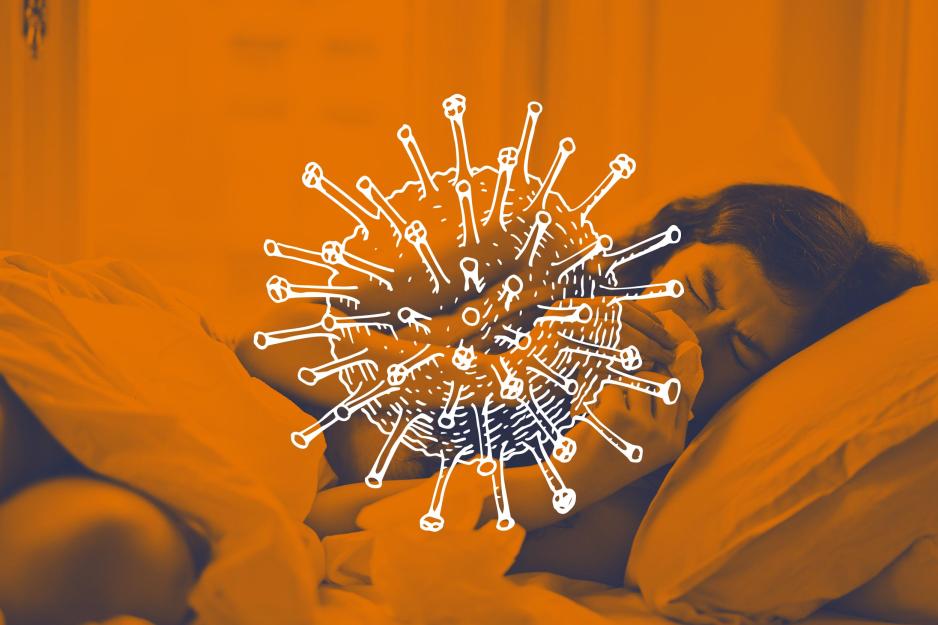 Illustration of a flu germ overlaying a picture of a sick person