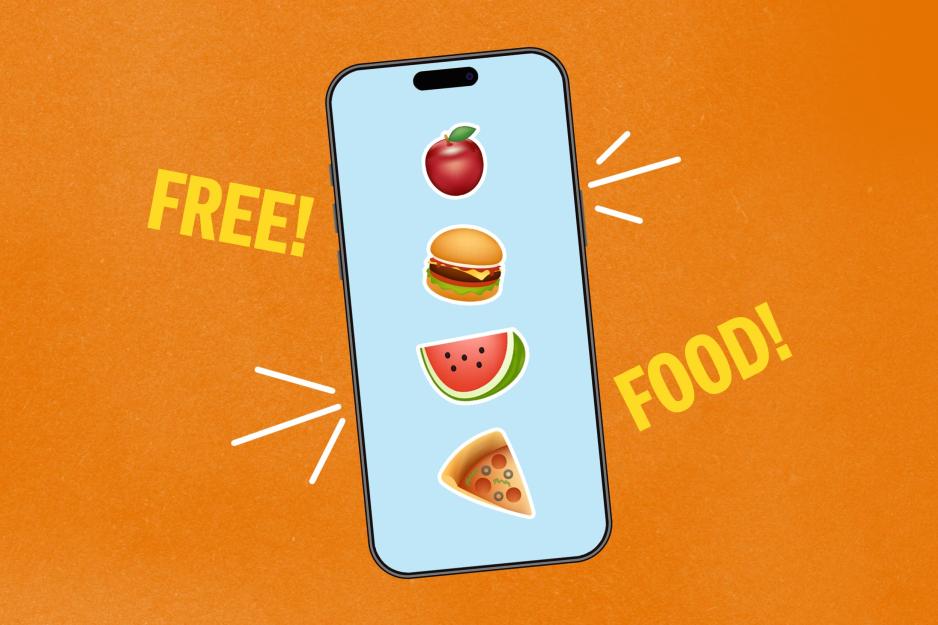 Illustration of a phone with images of food on it, an apple, burger, watermelon and pizza