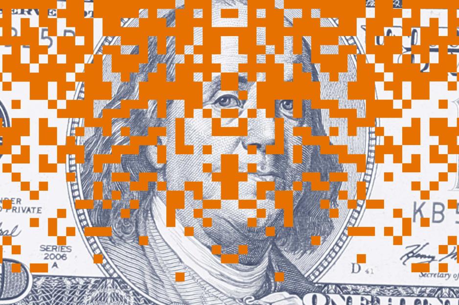 Hundred dollar bill with a digital orange overlay