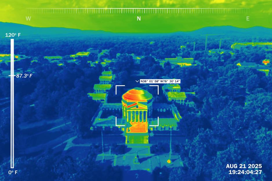 aerial photo of the UVA Rotunda and academic village with a thermal imaging filter effect applied