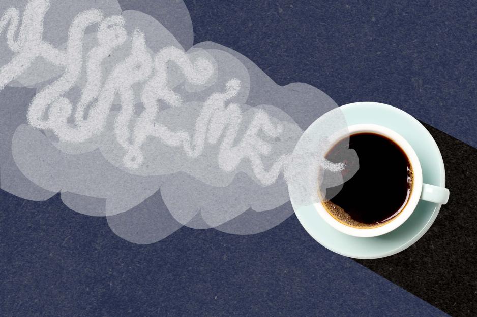 Illustration of a steaming cup of coffee and in the steam you can make out the words “hire me”
